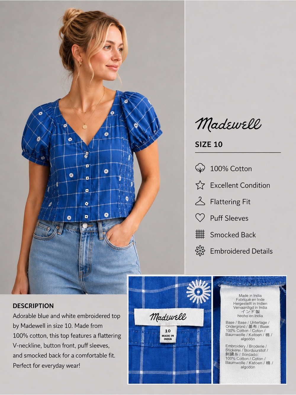 Madewell Blue Embroidered Plaid Puff Sleeve Smocked Top Size 10